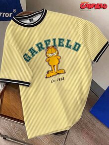 GARFIELD | SHEIN Daypath 男士圓領拼接色塊卡通字母印花時尚休閒T恤 - 黃色 - 查看 1