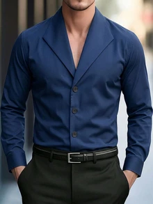 Calvornis Men's Solid Color Turn-Down Collar Single-Breasted Casual Fashion Versatile Long Sleeve Shirt - Blue - View 4