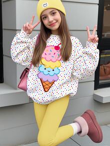 青少年女孩可愛卡通冰淇淋圖案、彩色波點印花、甜奶油風格圓領長袖衛衣與內搭褲兩件套，適合秋冬穿著，圖案設計、舒適保暖、女孩套裝、Y2K、復古、Kawaii - 白色 - 查看 1
