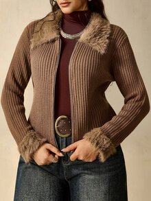 Nubod Plus Size Fitted Elegant Commute Patchwork Fur Collar Zip-Up Knit Cardigan - Brown - View 4