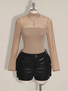 SHEIN ICON 大尺碼網格拼接 Y2K 性感連身衣 - 卡其色 - 查看 8