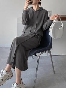 DAZY Solid Drawstring Hoodie & Split Hem Skirt - Grey - View 2