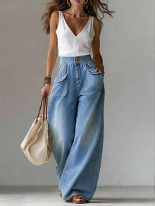 LUMIGAL Plus Size Women's Loose Wide Leg Casual Denim Jeans With Pockets - Blue - View 1
