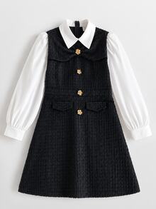 Maija Kids Maija Kids 兒童青少年女孩蝴蝶結設計拼色黑白長袖洋裝 - 黑與白 - 查看 7