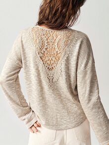 Bohemela Women's French Fashion Lace Patchwork Long Sleeve T-Shirt - Apricot - View 3