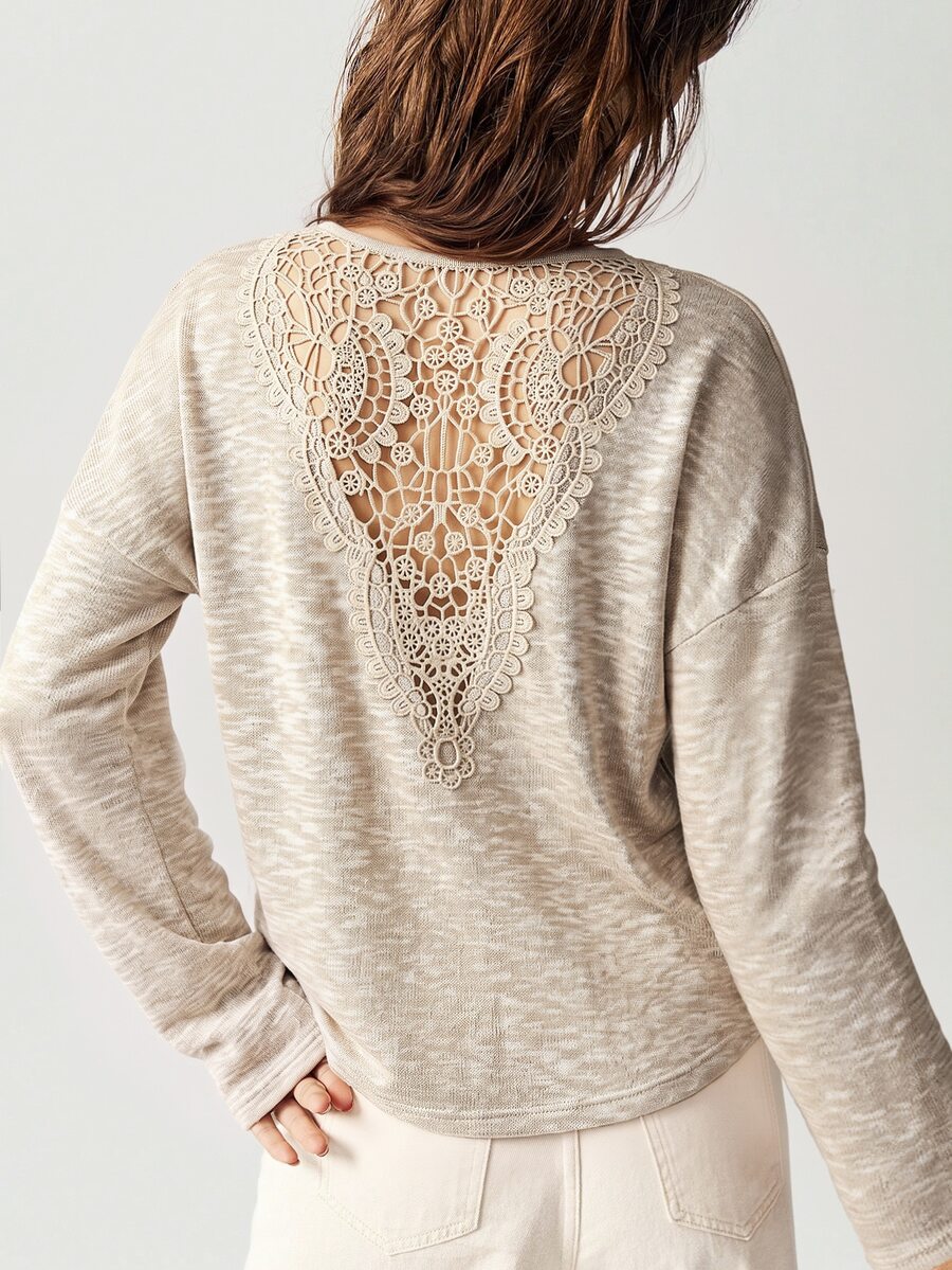 Bohemela Women's French Fashion Lace Patchwork Long Sleeve T-Shirt - Apricot - View 1