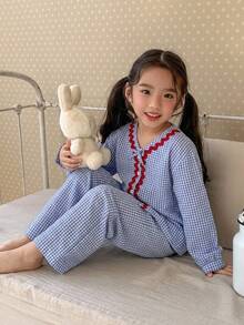 Dazy Kids 少女秋季服飾 格紋短袖長褲居家休閒套裝 春夏款 - 淺藍色 - 查看 2