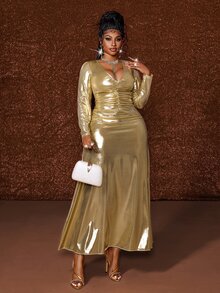 Maweii Plus Size Elegant Gentle Gold Metallic Glossy Deep V Neck Ruched Long Sleeve A-Line Full Skirt Evening Gown - Gold - View 4