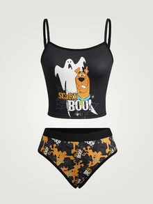 SCOOBY-DOO X SHEIN Women's Cartoon Pattern Camisole And Cartoon Pattern Triangle Shorts Underwear Set - Black - View 1