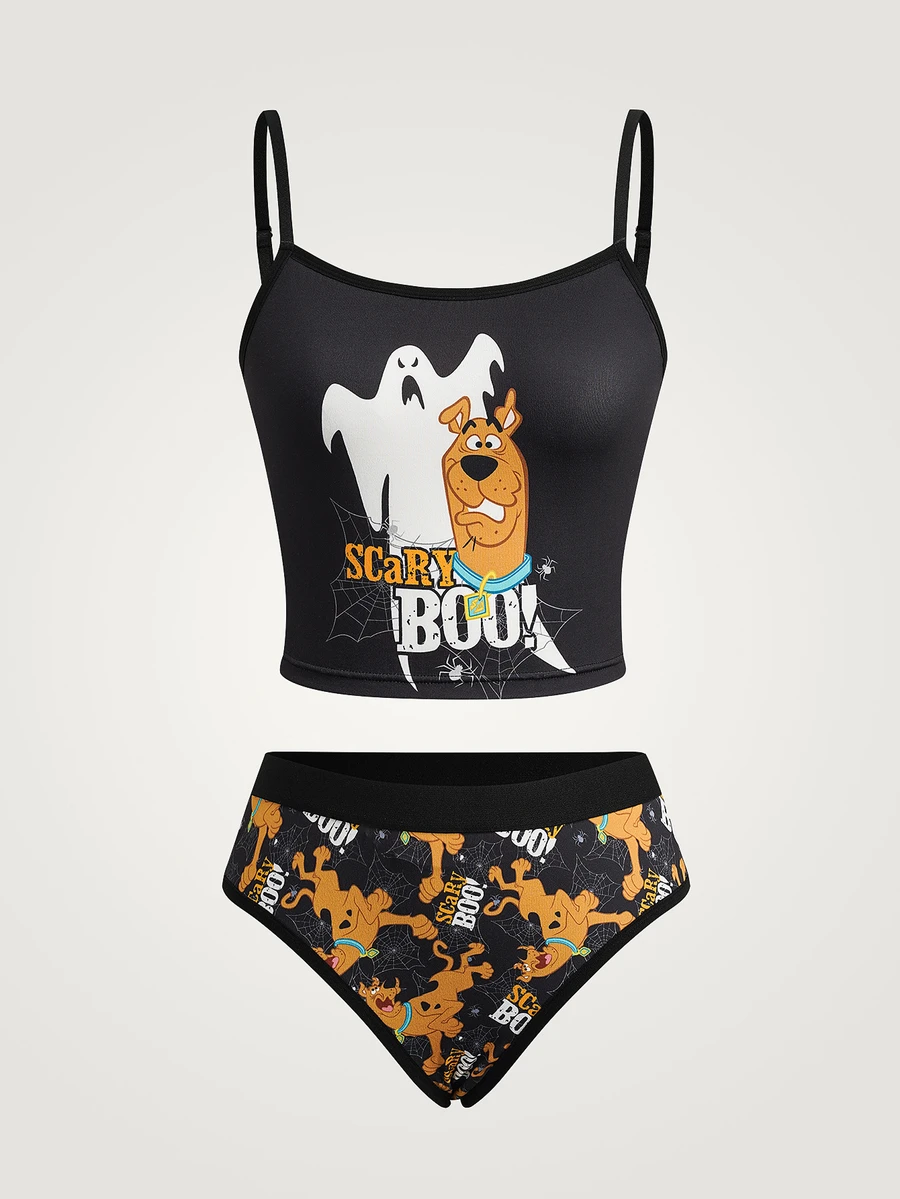SCOOBY-DOO X SHEIN Women's Cartoon Pattern Camisole And Cartoon Pattern Triangle Shorts Underwear Set - Black - View 1