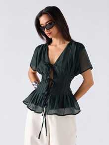 SHEIN EZwear 深綠色春夏純色領口百褶休閒百搭日常短袖大尺碼襯衫 - 墨綠色 - 查看 7