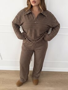 SHEIN PETITE CURVE Plus Size Striped Colorblock Long Sleeve Polo Shirt And Loose Pants 2 Pieces Set Fall - Brown - View 6