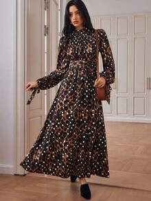Écloséra Gaun Panjang Wanita Motif Polkadot dan Cetak Hewan, Bahan Stretch Empat Arah, Kerah Pita, Depan Berkerut - MultiWarna - View 4