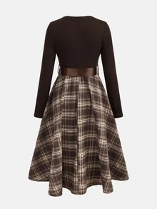 SHEIN Pitira Tween Girl Casual Knitted Solid Color & Floral Patchwork Round Neck Long Sleeve Dress - Brown - View 2