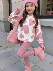 SHEIN Playful Pals 女童愛心印花連帽上衣與羅紋內搭褲兩件套，甜美愛心印花休閒日常穿搭 - 粉色 - 查看 11