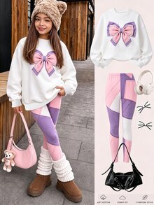SHEIN Sparklyn Tween Girls T-Shirt Set, Pink Purple, Top + Long Pants 2 Pieces Set, Loose Fit, Daily Wear, Fashionable Versatile, Casual, Collar, Round Neck, Print, Zipper, Comfortable, Autumn, Cute - White - View 1