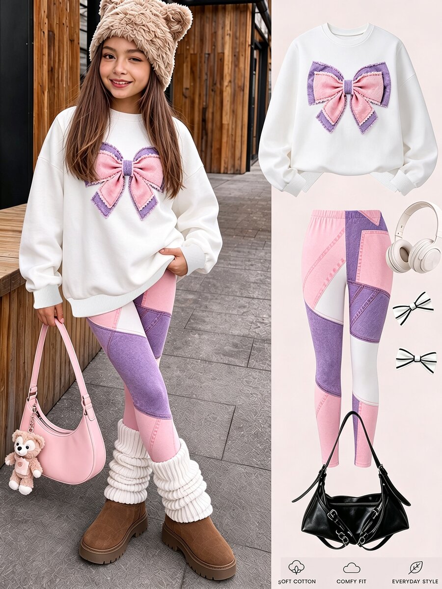 SHEIN Sparklyn Tween Girls T-Shirt Set, Pink Purple, Top + Long Pants 2 Pieces Set, Loose Fit, Daily Wear, Fashionable Versatile, Casual, Collar, Round Neck, Print, Zipper, Comfortable, Autumn, Cute - White - View 1
