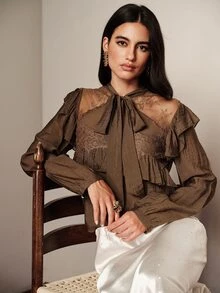 BELROSIE Fall/ Dark Brown Solid Textured Fabric Elegant Sophisticated Crinkled Ruffle Lace Patchwork Bowknot Long Sleeve Blouse, French Vintage Office Dinner - Brown - View 2