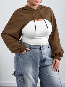 SHEIN CURVE+ 大尺碼黑色針織超短連帽毛衣，適合秋冬穿著 - 棕色 - 查看 5