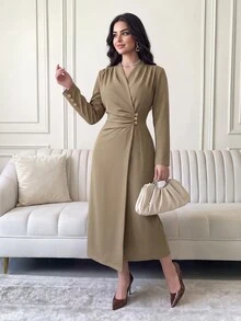 Feyla Women's Solid Color Long Sleeve Overlap Design Button Ruched Mid-Length Dress - Khaki - View 5