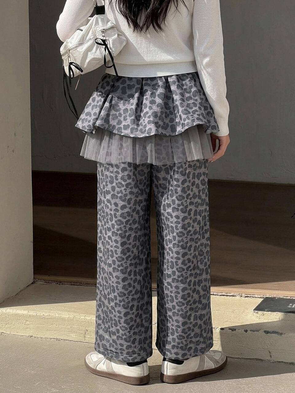 Tween Girl) 2 In 1 Skirt Pants Casual Straight Leg Leopard Print Autumn Winter Long Pants
