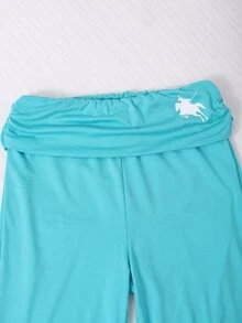 SHEIN 女童海軍藍摺腰馬術小馬印花喇叭褲，彈性百搭修身顯瘦運動長褲，舒適春秋日常校園休閒戶外穿著 - 淺藍色 - 查看 4