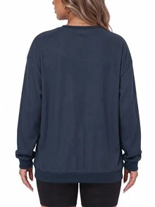 SHEIN LUNE بلوزة رياضية كاجوال عصرية بياقة دائرية من قماش أزرق منسوج بمقاسات كبيرة - أزرق بحري - مشاهدة 2