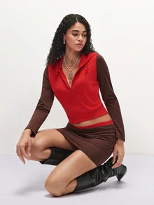 SHEIN TRNDY Women's 2000s Style Streetwear Colorblock Sleeve Pocket Hooded Sweatshirt And Skirt Y2K Set - Red - View 4