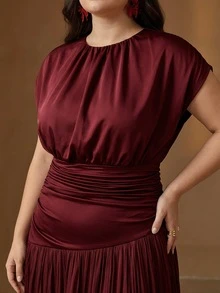 Anewsta Plus Size Women's Summer Elegant Cinched Waist Asymmetrical Ruffle Double Layer Full Skirt Dress For Vacation, Gathering, Party - Burgundy - View 2