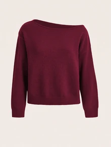 SHEIN BASICS 純色落肩針織衫，女款深秋休閒不對稱長袖寬鬆冬季衣物 - 酒紅色 - 查看 7