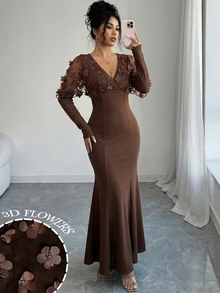 Modelyn فستان طويل ضيق للنساء مع كتف شبكي وتطريز زهري ثلاثي الأبعاد - بني - مشاهدة 8