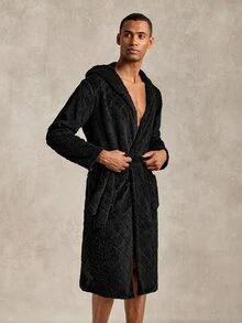 EverLounge Autumn/Winter Men's Minimalist Basic British Style Black Double-Sided Fleece Embossed Fabric Hooded Loungewear Robe - Black - View 3