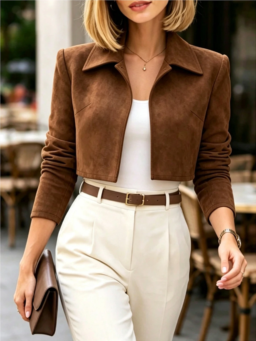 Balvessa Women's Lapel Short Suede Jacket, Spring & Autumn Light Luxury Style High-End Texture, Suitable For Daily Wear, Commuting, Office Outfit Etc. - Coffee Brown - View 1