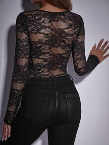 SHEIN Glamour Rhinestone Applique Mesh Sexy Women One Piece Bodysuit - Black - View 2