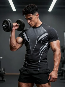 GymBeat Men's Tech Print Slim Fit Sports T-Shirt, Outdoor Gym Running Training Short Sleeve Tee - Black - View 1