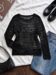 Comfortcana Plus Size Mesh Hollow Out Pullover Sweater - Black - View 6