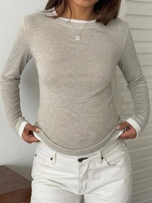 DAZY Patchwork Contrast Color Fitted Elastic Long Sleeve Base Layer Casual Daily Spring Autumn Maternity T-Shirt - Apricot - View 3