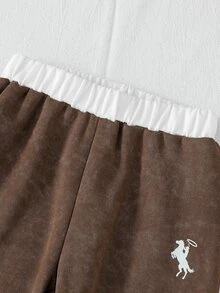 SHEIN Elladie kids 女童學院風咖啡色刷毛內裡上衣與寬腿褲2件套秋季套裝 秋冬款 - 棕色 - 查看 6