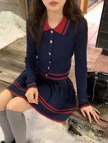 DAZY Women's Contrast Color Lapel Long Sleeve Cardigan & Casual Skirt Sweater Two Pieces Set, Autumn/Winter - Navy Blue - View 1