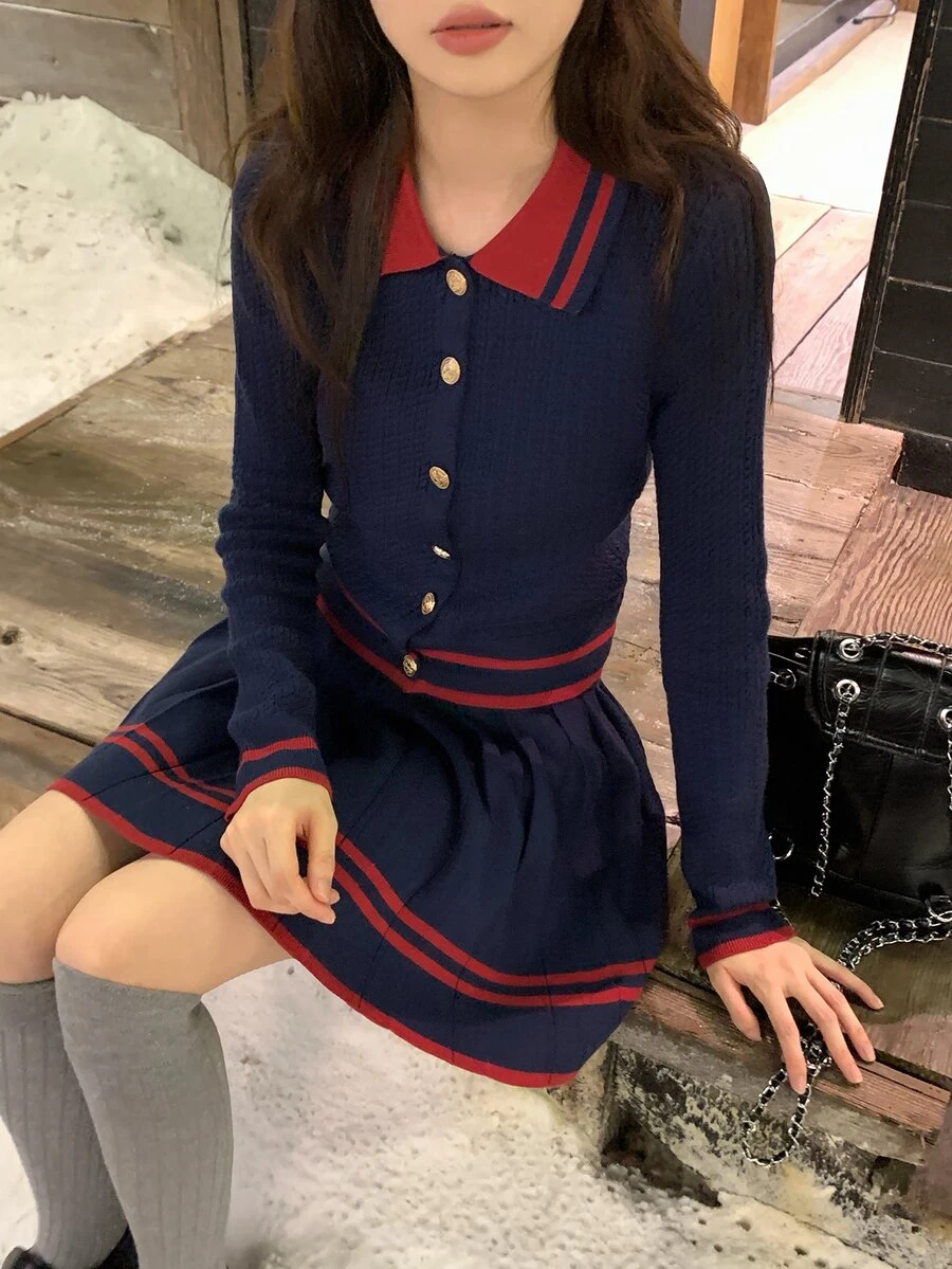 DAZY Women's Contrast Color Lapel Long Sleeve Cardigan & Casual Skirt Sweater Two Pieces Set, Autumn/Winter - Navy Blue - View 1