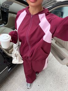 Muchica Women's Autumn New Burgundy Color Block Casual Loose Open Front Zipper Hooded Jacket & Pants Set - Multicolor - View 1
