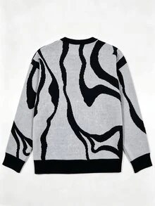 Manfinity Hypemode Men's Crew Neck Long Sleeve Asymmetrical Line Pattern Fashion Versatile Sweater - Black and White - View 2