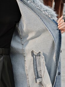 Anewsta Women's Fashion Faux Fox Fur Button Denim Jacket - Blue - View 8