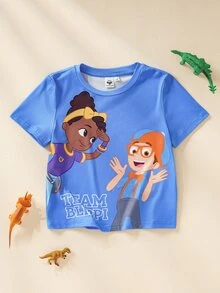 Blippi X SHEIN Young Boy Crew Neck Short Sleeve Casual Versatile T-Shirt - Blue - View 1