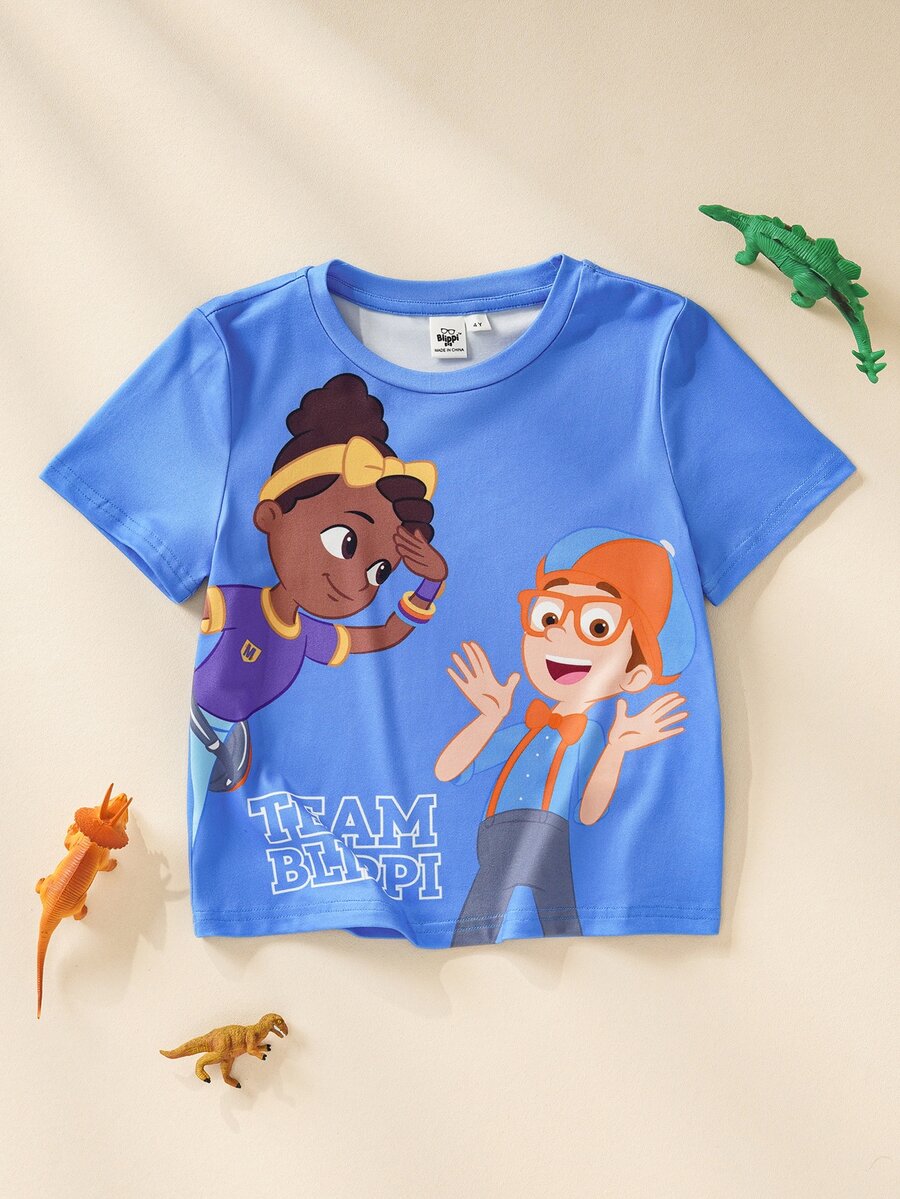 Blippi X SHEIN Young Boy Crew Neck Short Sleeve Casual Versatile T-Shirt - Blue - View 1