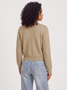 SHEIN BASICS 女款時尚羅紋鈕扣長袖針織開襟衫 - 卡其色 - 查看 2