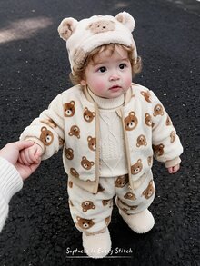 Baby Boys Shirt Co-Ords 2pcs/Set Fleece Teddy Bear Print Plush Jacket Knit Sweatshirt & Sweatpants Long Pants Color Block Set, Autumn/Winter Season - Multicolor - View 1