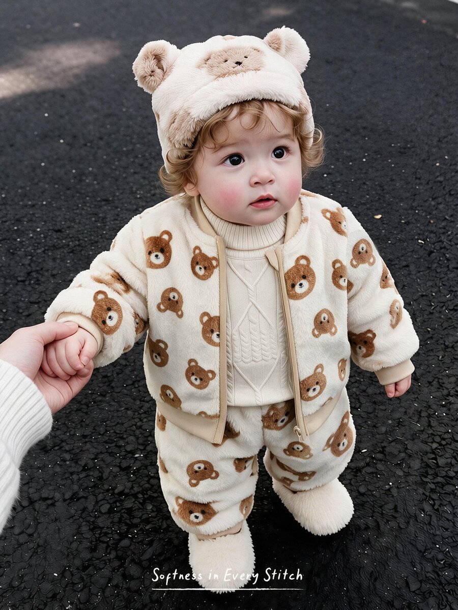Baby Boys Shirt Co-Ords 2pcs/Set Fleece Teddy Bear Print Plush Jacket Knit Sweatshirt & Sweatpants Long Pants Color Block Set, Autumn/Winter Season - Multicolor - View 1