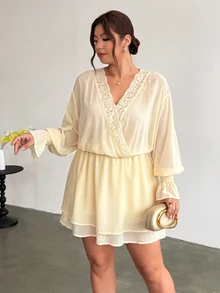 Firerie Plus Size Women's Solid Color Contrast Lace V-Neck Ruffle Cuff Fashion Dress - Light Yellow - View 6