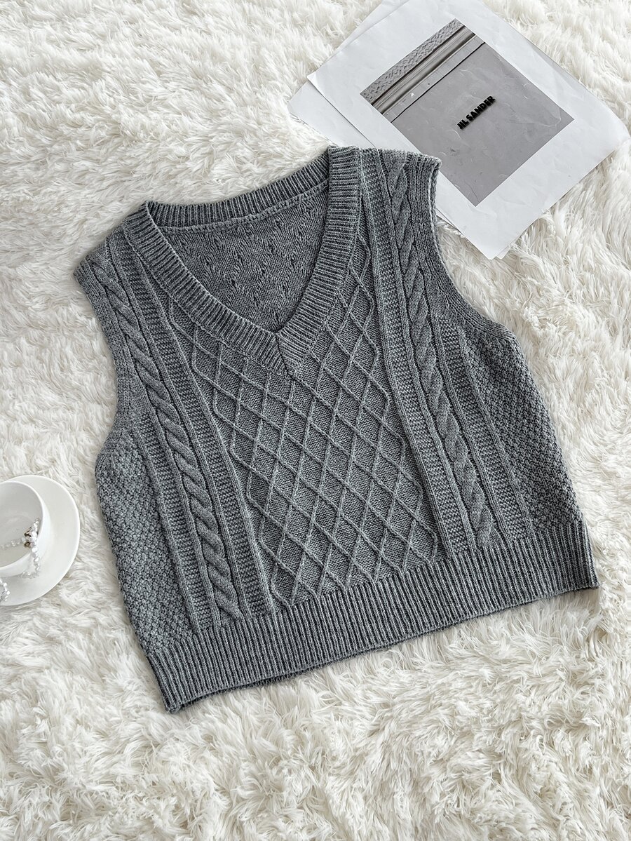 Elamini Minimalist Women's Autumn/Winter Grey Fitted Knit Vest Sweater Tank Top - Grey - View 1